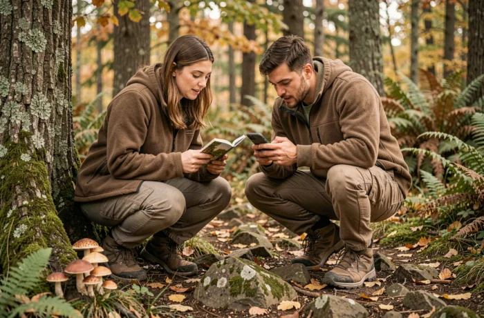 Deux amis pratiquant la cueillette de champignons sauvages en forêt lors d'une sortie de foraging, activité insolite en plein air