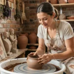 Femme pratiquant la poterie sur un tour en argile dans un atelier artisanal rustique, activité manuelle créative et insolite