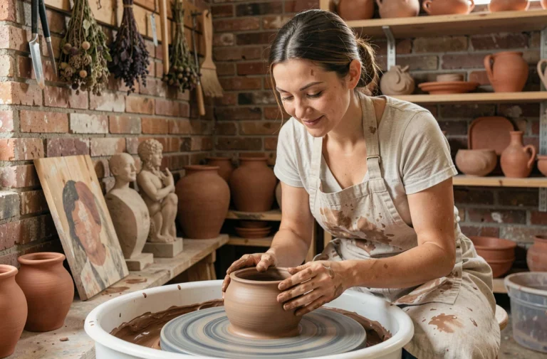 Femme pratiquant la poterie sur un tour en argile dans un atelier artisanal rustique, activité manuelle créative et insolite