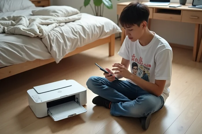 Adolescent configurant la connexion Wi-Fi d'une imprimante Canon PIXMA depuis son iPhone dans sa chambre