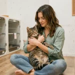 Femme tenant un chat tigré dans un refuge pour animaux lors d'une adoption féline