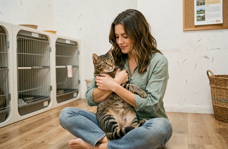 Femme tenant un chat tigré dans un refuge pour animaux lors d'une adoption féline