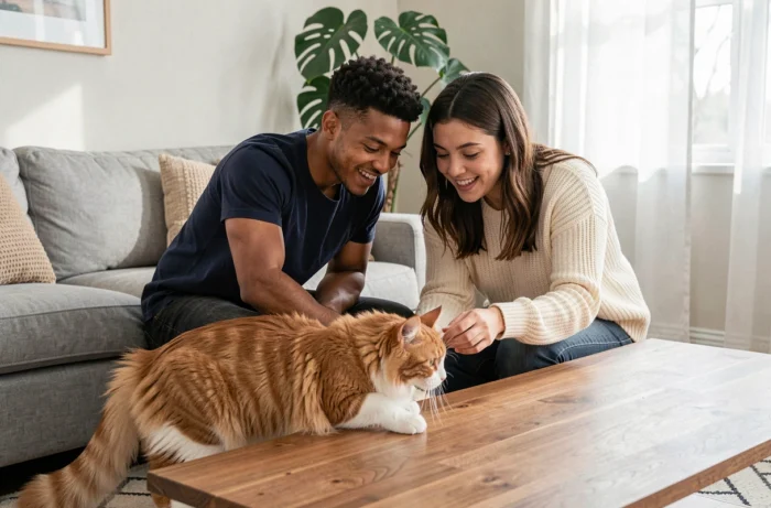 Couple adoptant un chaton Maine Coon dans un appartement cosy et chaleureux
