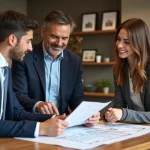 Agent immobilier avec couple examinant un plan d'appartement