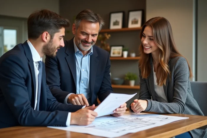 Agent immobilier avec couple examinant un plan d'appartement