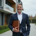 Agent immobilier professionnel devant un immeuble résidentiel moderne, représentant les services d'Immo Prima pour votre projet immobilier