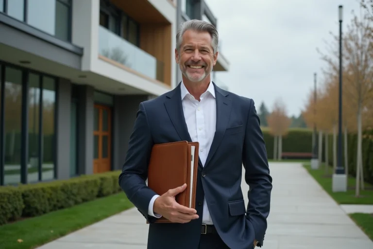Agent immobilier professionnel devant un immeuble résidentiel moderne, représentant les services d'Immo Prima pour votre projet immobilier