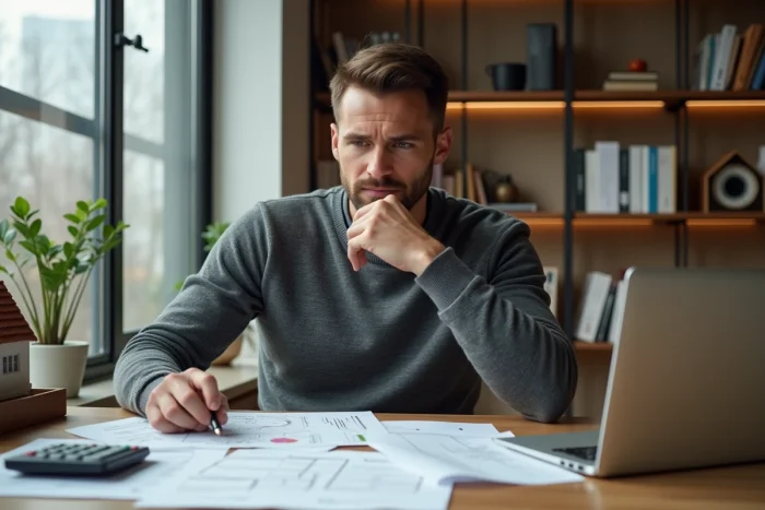 Homme analysant des plans et données d'investissement immobilier à son bureau à domicile