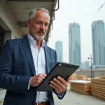 Architecte en costume bleu examine des plans numériques sur tablette