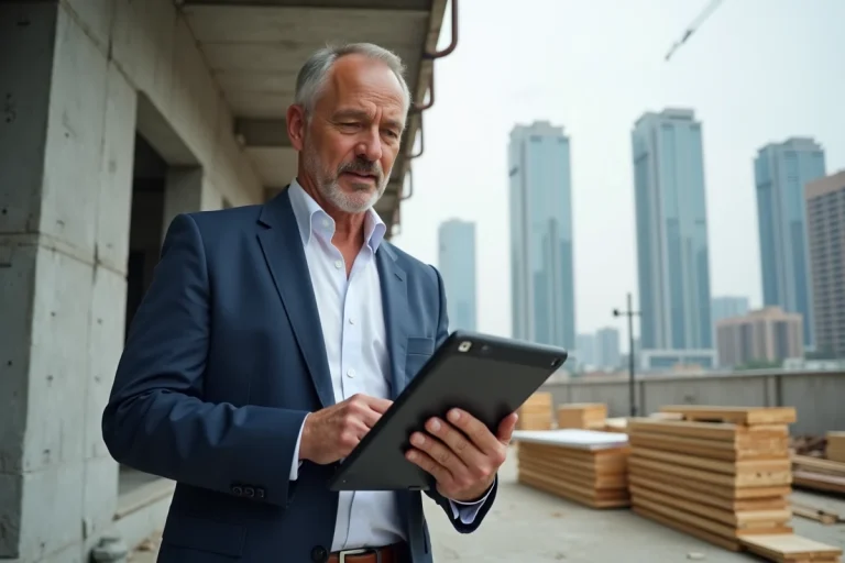 Architecte en costume bleu examine des plans numériques sur tablette
