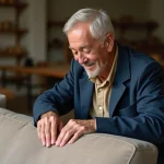 Artisan âgé inspectant la couture d'un sofa de luxe