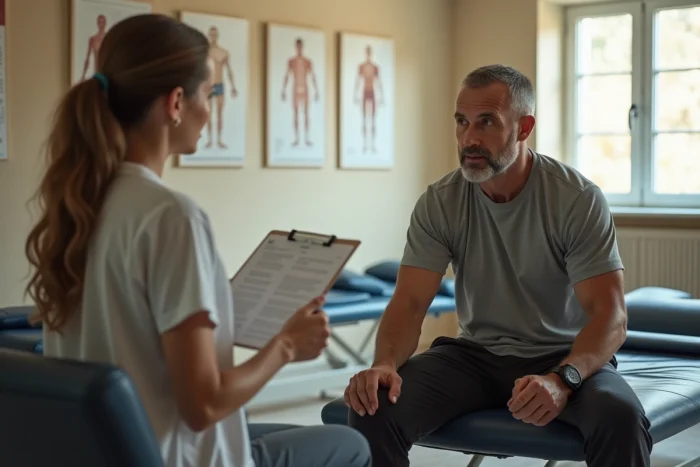 Ancien sportif de combat en consultation de rééducation, discussion sur les effets à long terme des KO sur la santé et l'espérance de vie