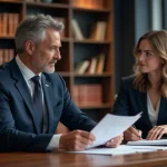 Avocat en costume bleu expliquant un document juridique