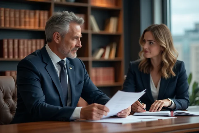 Avocat en costume bleu expliquant un document juridique