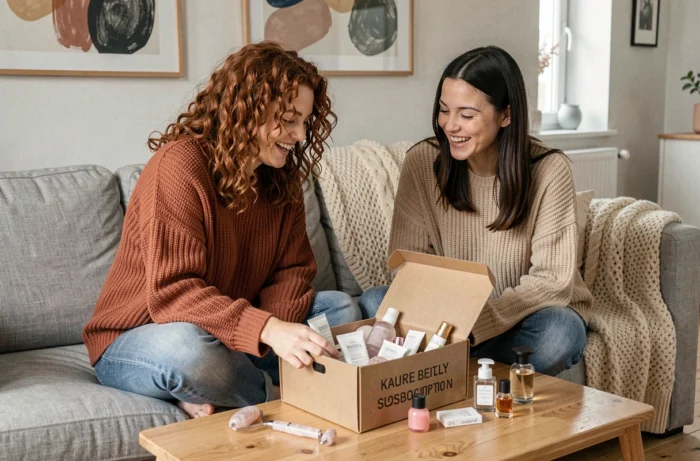 Deux femmes découvrant ensemble une box beauté remplie de produits de soin sur un canapé scandinave