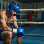 Boxeur assis dans son coin de ring après un KO, expression de désorientation, dangers neurologiques du knock-out en boxe