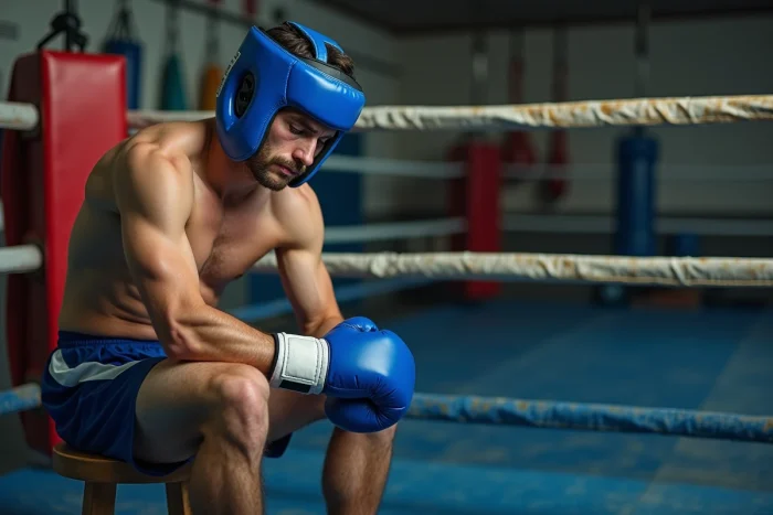 Boxeur assis dans son coin de ring après un KO, expression de désorientation, dangers neurologiques du knock-out en boxe