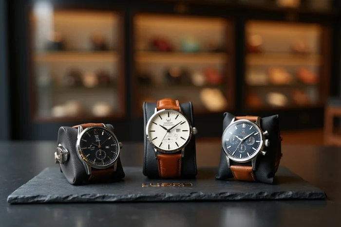 Collection de montres de luxe suisses, japonaises et allemandes exposées sur ardoise dans une boutique horlogère