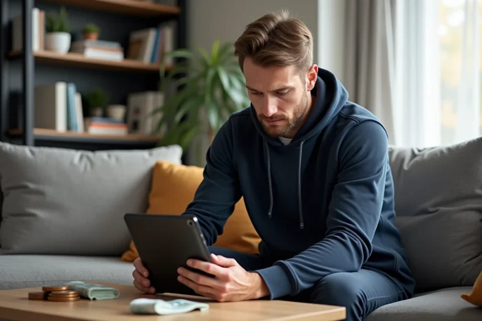 Homme consultant une application de livraison de repas sur tablette avec des espèces posées sur la table basse