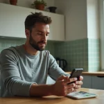Homme commandant sur Uber Eats avec option paiement en espèces sur smartphone posé sur une table en bois