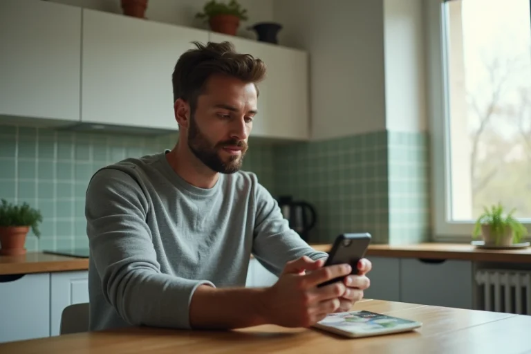Homme commandant sur Uber Eats avec option paiement en espèces sur smartphone posé sur une table en bois