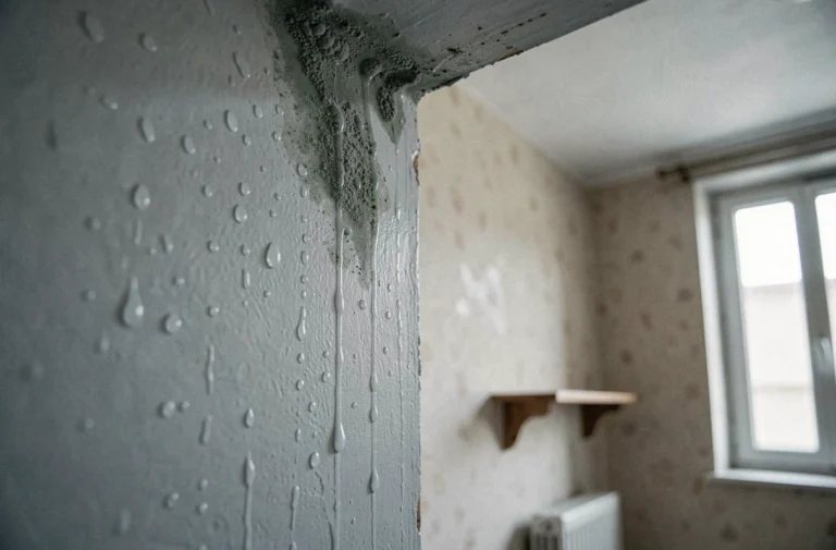 Condensation et moisissures sur un mur intérieur d'appartement causées par un pont thermique au niveau du plafond