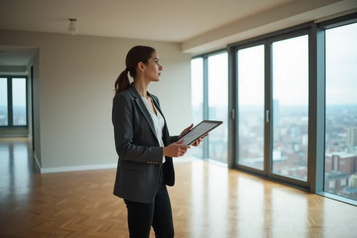 Consultante immobilière dans un appartement vide et lumineux avec vue urbaine, illustrant l'expertise de Killahejlaszo en conseil immobilier