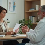 Patiente exprimant son désaccord face à un médecin lors d'une consultation médicale au sujet d'un refus d'arrêt de travail