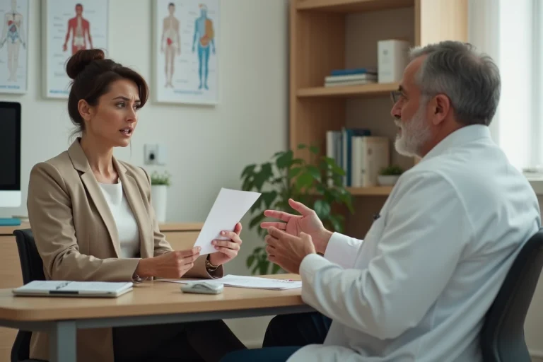 Patiente exprimant son désaccord face à un médecin lors d'une consultation médicale au sujet d'un refus d'arrêt de travail