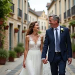 Couple joyeux dans un village français avec rue pavée