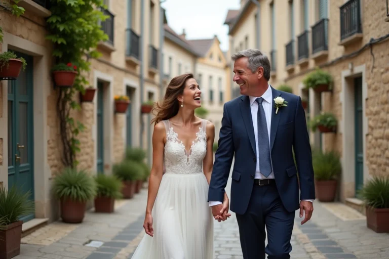 Couple joyeux dans un village français avec rue pavée