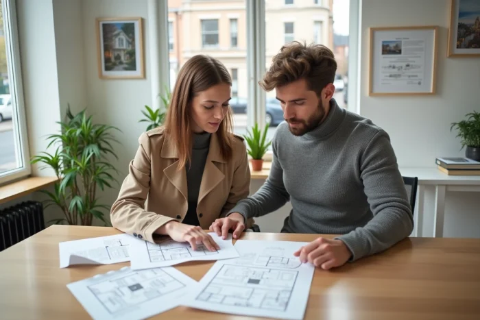 Couple de futurs acquéreurs en consultation dans une agence immobilière moderne, examinant des documents pour leur projet d'achat