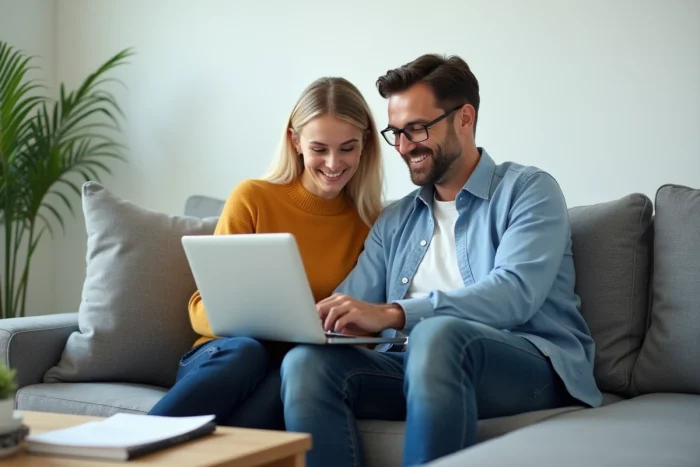 Couple gérant leurs finances quotidiennes ensemble sur un ordinateur portable avec Mon Proxima dans leur salon