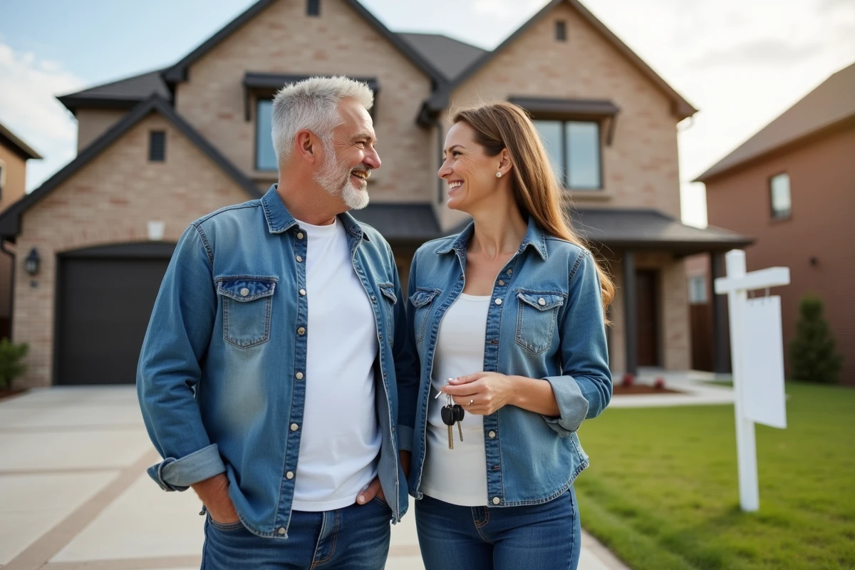 Couple souriant devant leur nouvelle maison