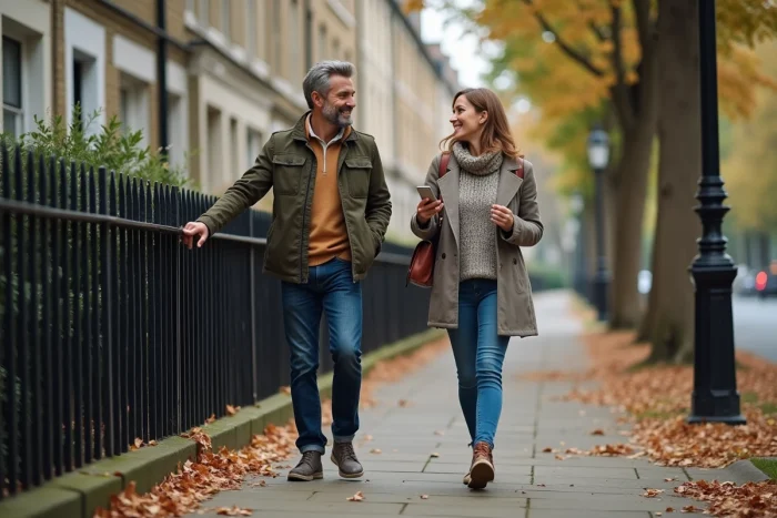 Couple en train de visiter un quartier résidentiel pour un projet d'investissement immobilier