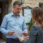Un homme discutant de démarches administratives avec une employée municipale devant une mairie française