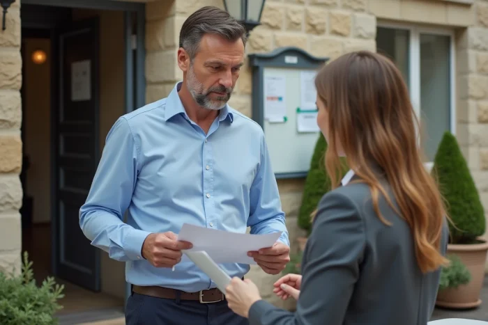 Un homme discutant de démarches administratives avec une employée municipale devant une mairie française