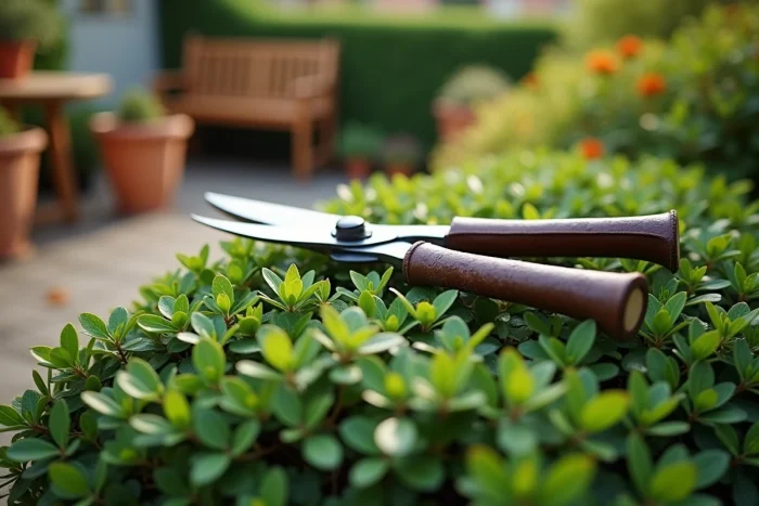 Détail en gros plan d'une haie de charme fraîchement taillée avec des cisailles professionnelles posées sur le feuillage dans un jardin résidentiel