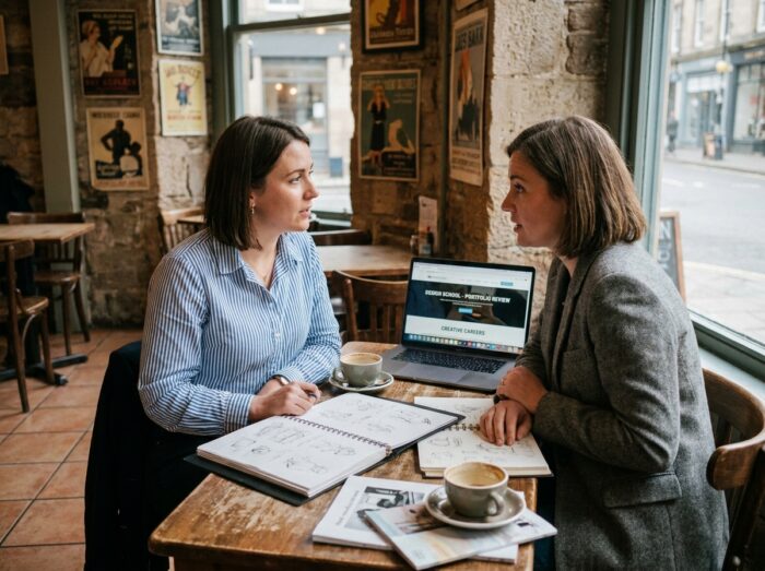 Deux femmes discutant de leur orientation dans le domaine artistique autour de portfolios et d'un ordinateur dans un café