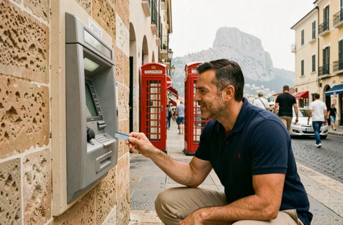 Homme retirant de l'argent à un distributeur automatique dans une rue typique de Gibraltar