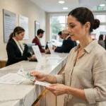 Femme échangeant des euros contre des livres sterling au guichet d'une banque à Gibraltar