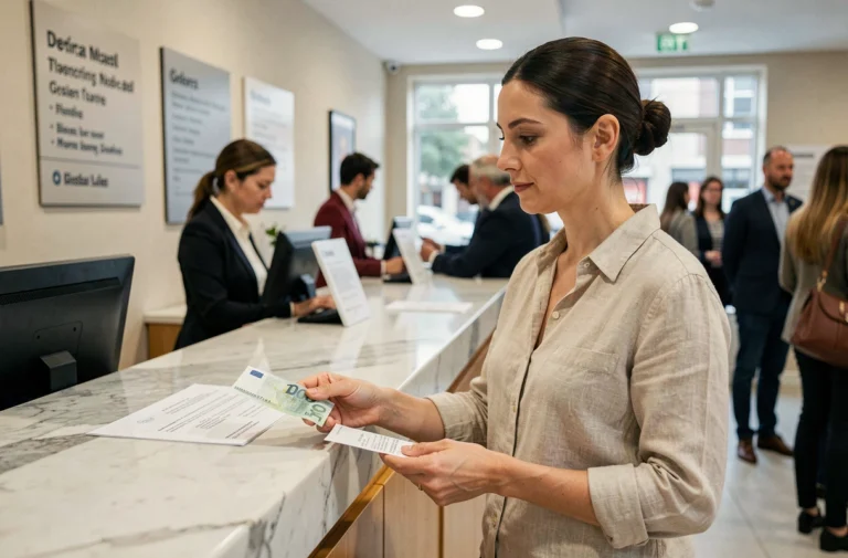 Femme échangeant des euros contre des livres sterling au guichet d'une banque à Gibraltar
