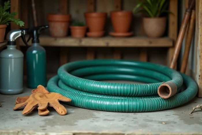 Gros plan sur un tuyau d'arrosage extensible posé au sol dans un abri de jardin avec accessoires d'entretien