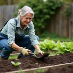 Femme épandant du fumier sur un potager surélevé au printemps pour enrichir le sol