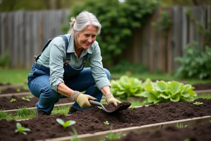 Femme épandant du fumier sur un potager surélevé au printemps pour enrichir le sol