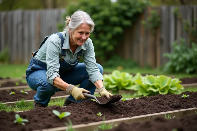 Femme épandant du fumier sur un potager surélevé au printemps pour enrichir le sol