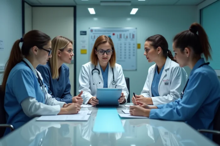 Groupe de professionnels de santé en réunion hospitalière