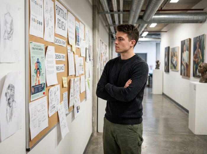 Étudiant en art analysant différentes voies de carrière artistique sur un tableau de liège dans un couloir d'école créative