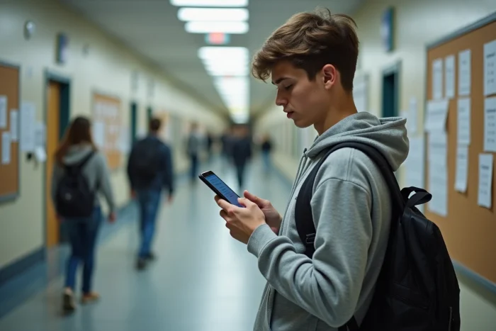 Étudiant consultant son inscription aux examens sur smartphone dans un couloir universitaire