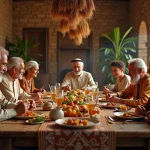 Famille multigénérationnelle du Moyen-Orient réunie autour d'un repas traditionnel, illustrant les liens familiaux étroits dans les sociétés à forte endogamie